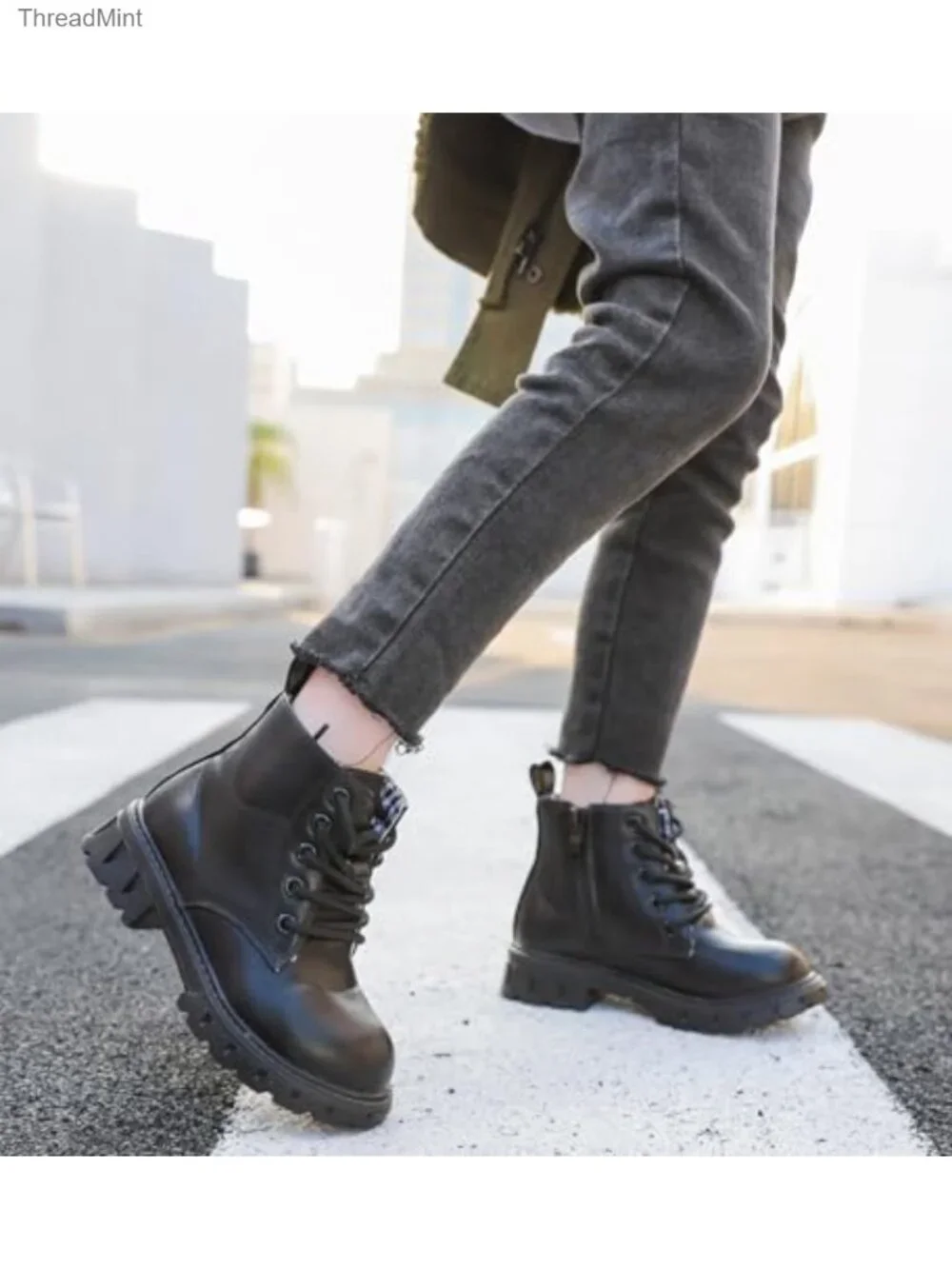 Kids Glitter Waterproof Combat Ankle Boots with Side Zipper